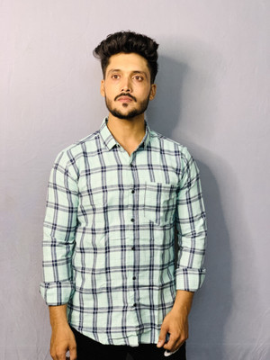 SK Fashion Men Checkered Casual Light Green Shirt