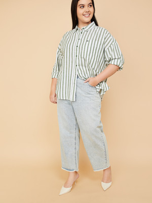 MAX Women Striped Casual Green, White Shirt
