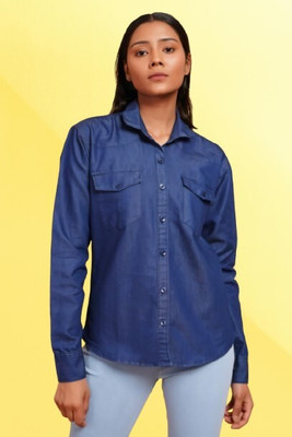 Wingzss Women Solid Casual Blue Shirt