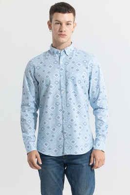 Snitch Men Printed Casual Light Blue, White Shirt