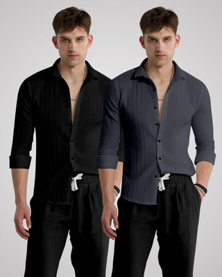 kruze Men Self Design Casual Black, Grey Shirt(Pack of 2)