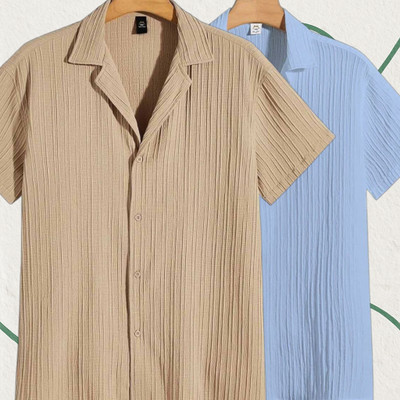 Looksky Men Self Design Casual Cream, Light Blue Shirt(Pack of 2)