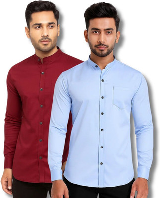 CROWNTAIL Men Solid Casual Maroon, Light Blue Shirt(Pack of 2)