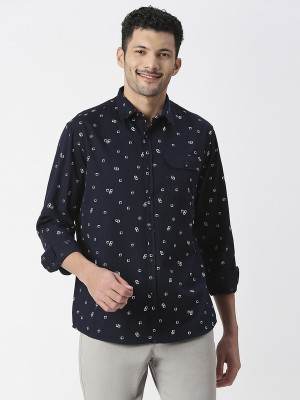 SNX Men Printed Casual Dark Blue, White Shirt