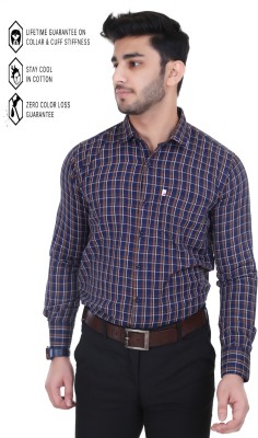 Marc Laurent Men Checkered Formal Dark Blue, Brown, White Shirt