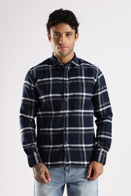 Cool Colors Men Checkered Casual Dark Blue, White Shirt