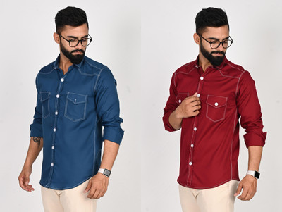 Dark Age Men Solid Casual Dark Blue, Maroon Shirt(Pack of 2)