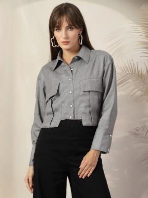 PLUSS Women Solid Casual Grey Shirt