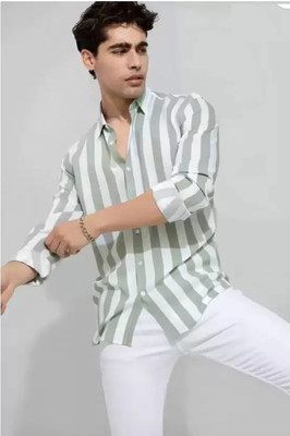 SHIVINA Men Striped Casual Green, White Shirt
