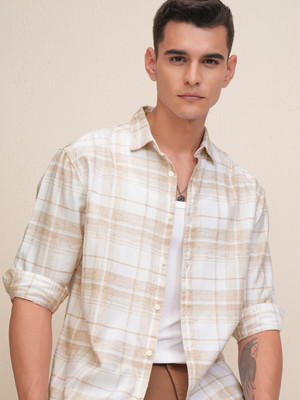 HIGHLANDER Men Checkered Casual Beige, White Shirt