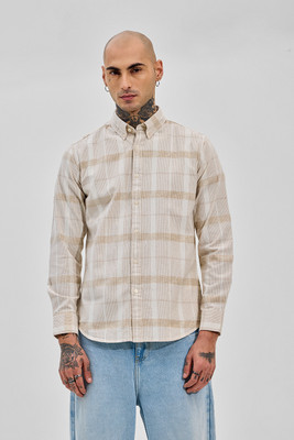 Snitch Men Checkered Casual Beige Shirt
