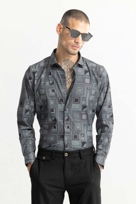 Snitch Men Printed Casual Grey, Dark Blue Shirt