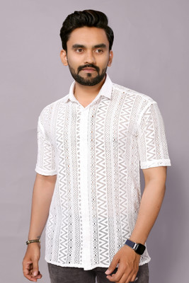 HARPITA Men Self Design Casual White Shirt
