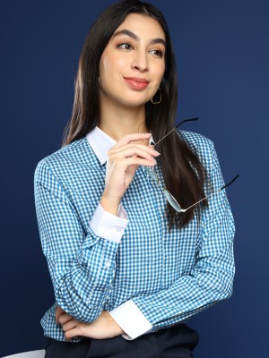 Hancock Women Checkered Formal White, Blue Shirt