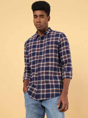 Wrangler Men Checkered Casual Dark Blue, White, Orange Shirt