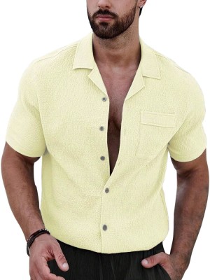 DEEMOON Men Solid Casual Yellow Shirt