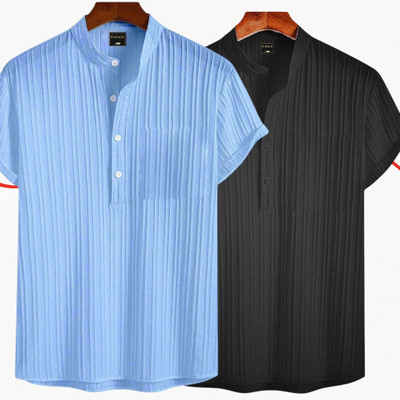 Jenil Fashion Men Self Design Casual Light Blue, Black Shirt(Pack of 2)