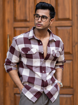 MANIAC Men Checkered Casual Maroon, White Shirt