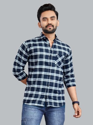 allan peter Men Checkered Casual Dark Blue, White Shirt