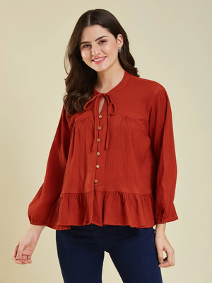 J TURRITOPSIS Women Self Design Casual Orange Shirt