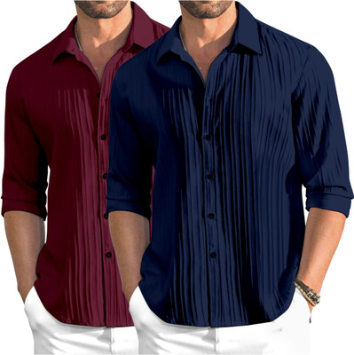 OXXOM Men Self Design Casual Maroon, Dark Blue Shirt(Pack of 2)