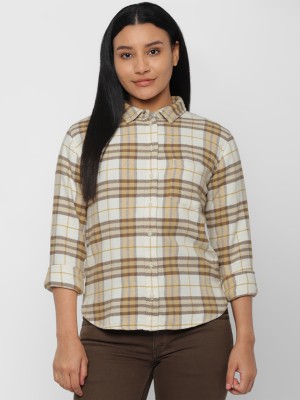 American Eagle Women Checkered Casual Beige Shirt