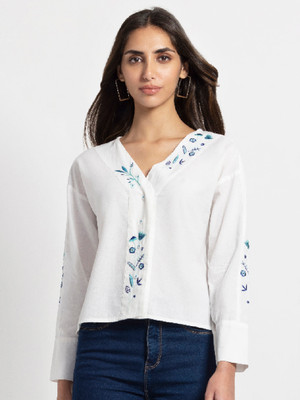 SHAYE Women Embroidered Casual White Shirt