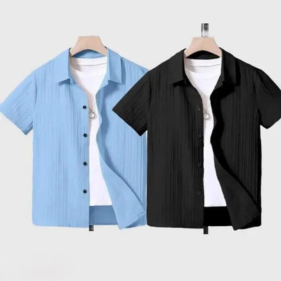 ShopGlobal Boys Self Design Casual Black, Blue Shirt(Pack of 2)