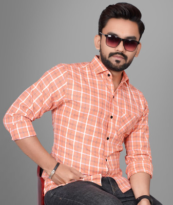 METRONAUT Men Checkered Casual Orange Shirt