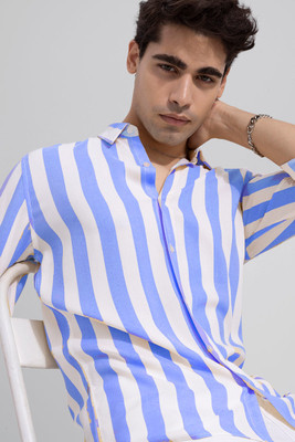 U TURN Men Striped Casual Light Blue, White Shirt