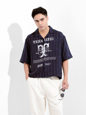 The Indian Garage Co. Men Striped Casual Dark Blue Shirt