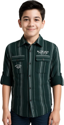 CAVIO Boys Striped Casual Dark Green Shirt
