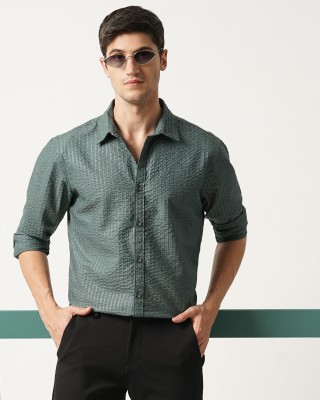 British Club Men Self Design Casual Dark Green Shirt