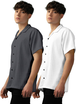 OXXOM Men Self Design, Striped Casual Grey, White Shirt(Pack of 2)