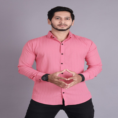 Parth Fashion Men Self Design Casual Pink Shirt