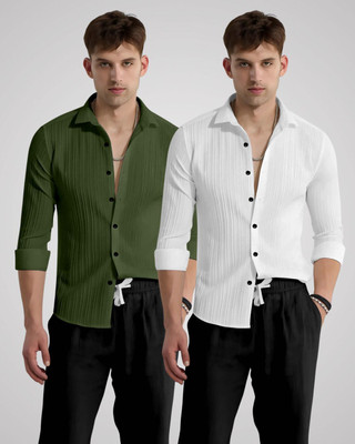 kruze Men Self Design Casual Green, White Shirt(Pack of 2)