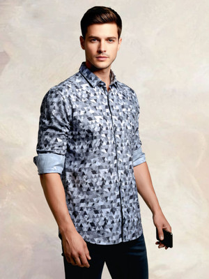 Sindon Rui Fashion Men Graphic Print Casual Grey Shirt