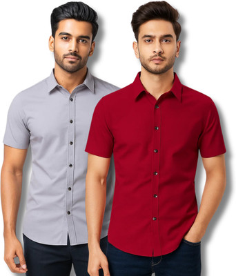 RAREMARK Men Solid Formal Grey, Maroon Shirt(Pack of 2)