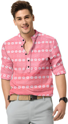 VEERACOLLECTION Men Geometric Print Straight Kurta(Pink)