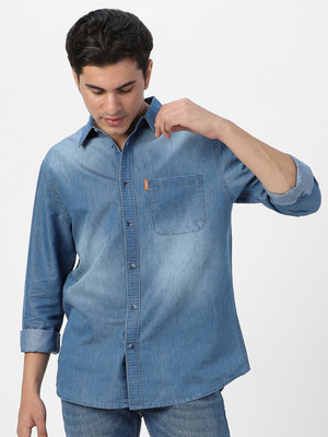Urbano Fashion Men Washed Casual Light Blue Shirt