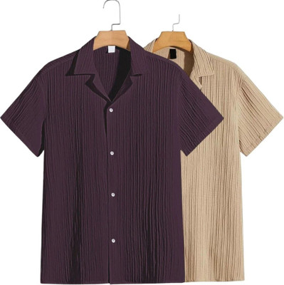 METRONAUT Men Self Design Casual Maroon, Khaki Shirt(Pack of 2)