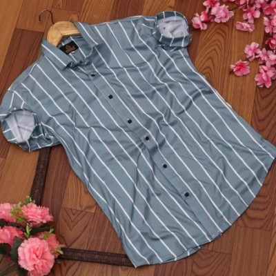 Varidashi Men Striped Casual Light Blue Shirt