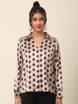 PLUSS Women Printed Casual Beige, Black Shirt