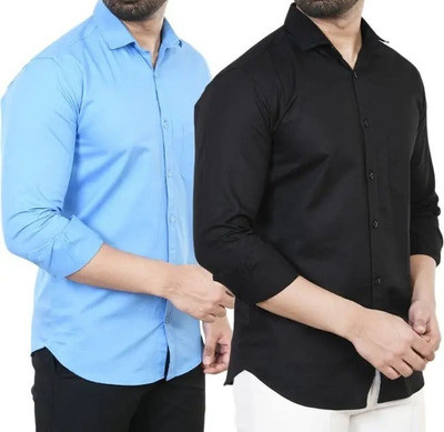 Hansroop Men Solid Casual Black, Light Blue Shirt(Pack of 2)