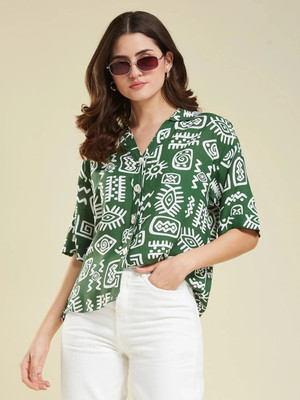 J TURRITOPSIS Women Printed Casual Green Shirt
