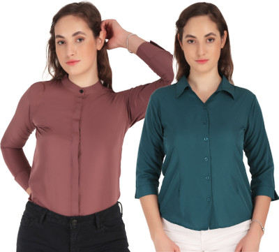 HEAVENS CREATIONS Women Solid Formal Dark Green Shirt(Pack of 2)