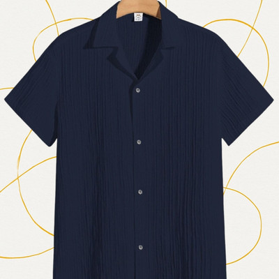 A DEEMOON TREND Men Self Design Casual Dark Blue Shirt