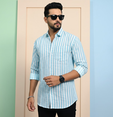 HouseOfCommon Men Checkered, Solid Casual Blue Shirt