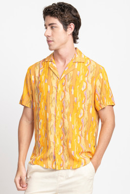 KISSOSS Men Printed Casual Yellow Shirt