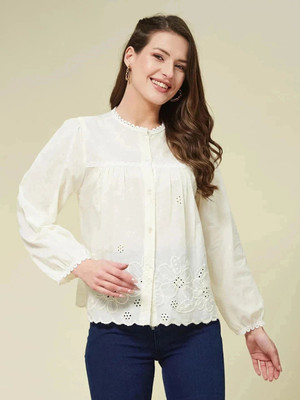 J TURRITOPSIS Women Embroidered Casual Cream Shirt